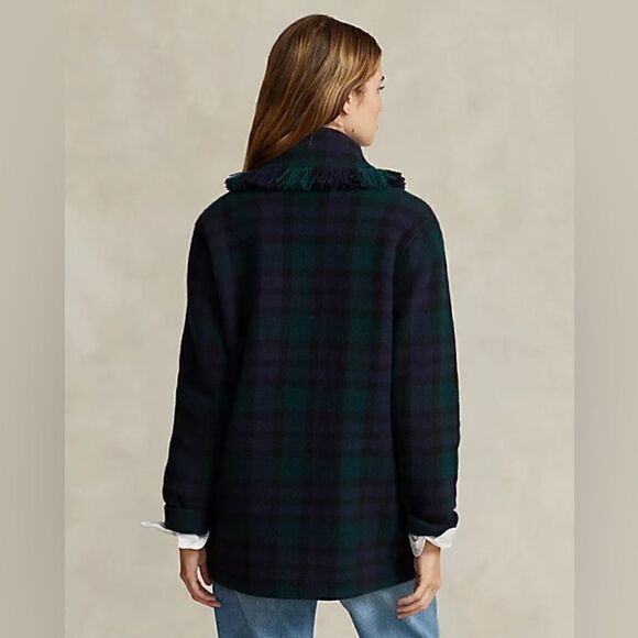 Polo Ralph Lauren Fringed Black Watch Tartan Plaid Double-Breasted Wool Cardigan - Picture 5 of 16